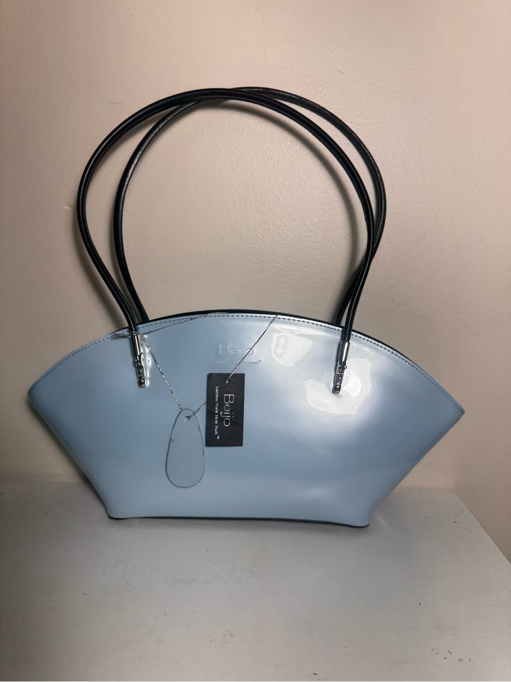 Beijo Light Blue Patent Tote with Black Double Handles